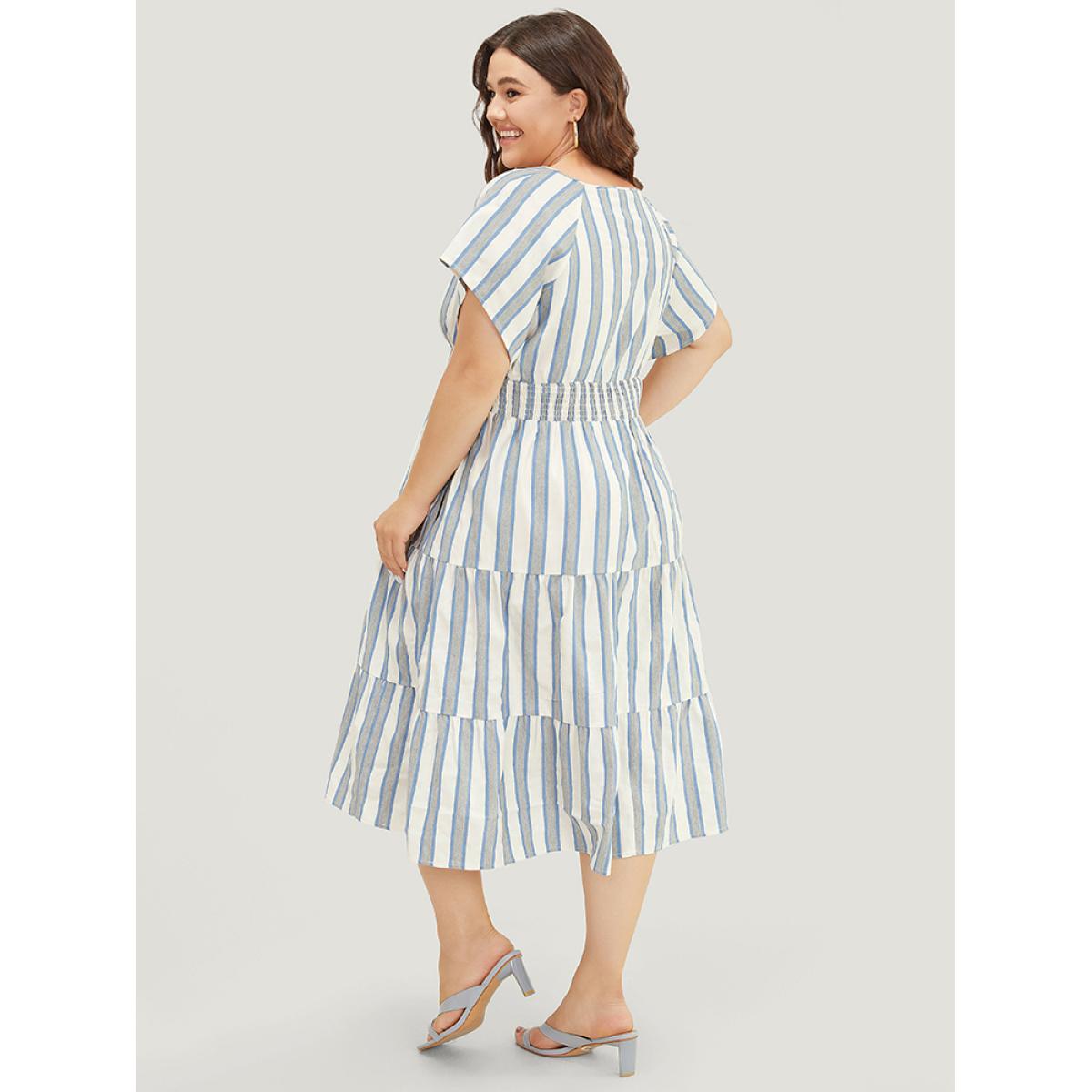 Plus Size Striped Contrast Pocket Shirred Flutter Tiered Dress Blue Women Resort Non V-neck Short sleeve Curvy Midi Dress BloomChic 10/M Product Image