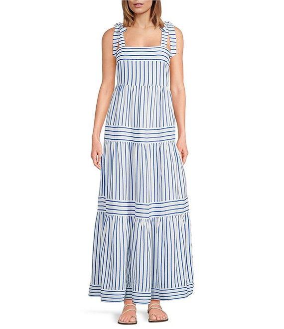 A Loves A Stripe Print Square Neck Tie Strap Tiered A-Line Flounce Maxi Dress Product Image