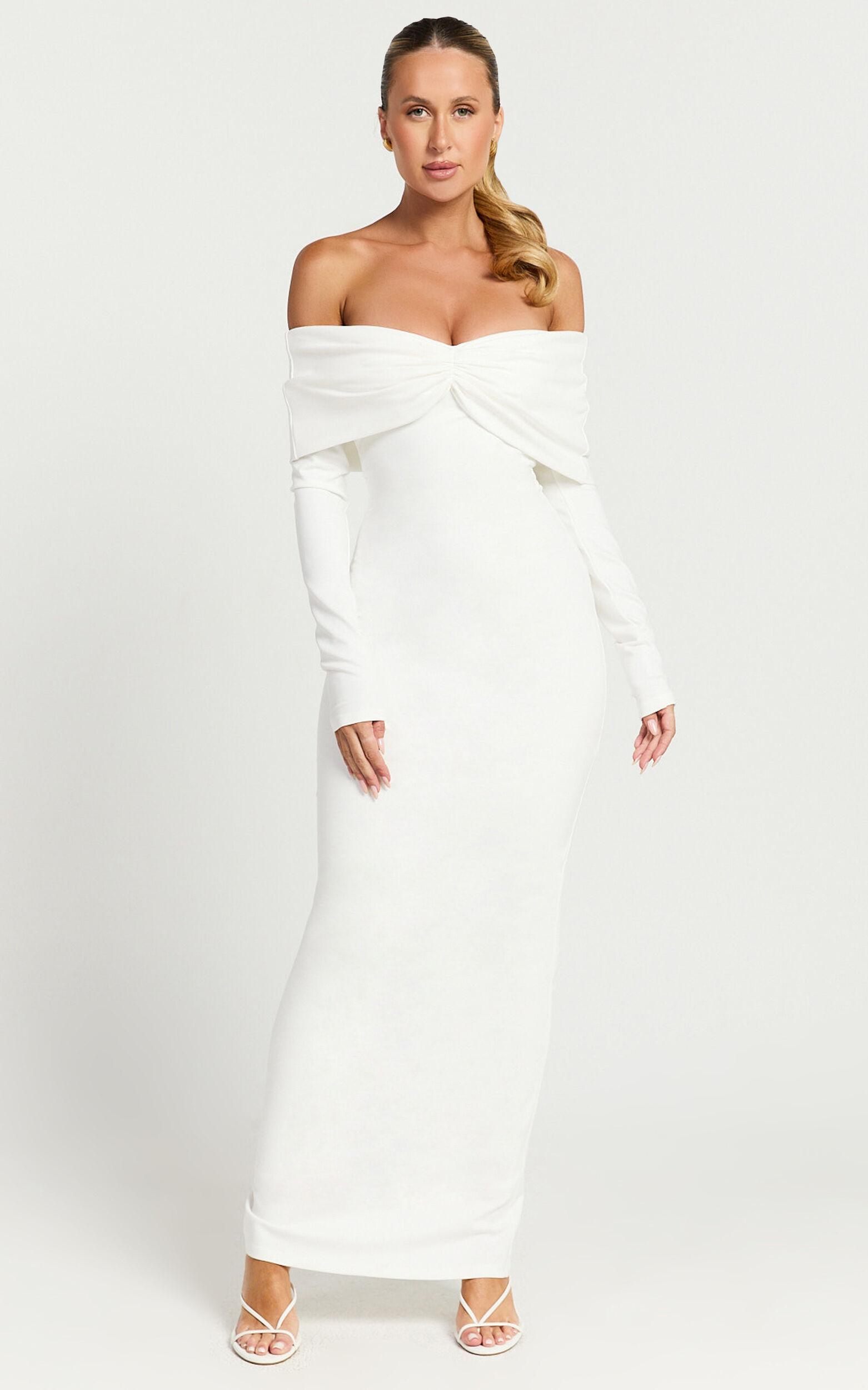 Rani Maxi Dress - Off Shoulder Long Sleeve Bodycon Dress in Off White Product Image