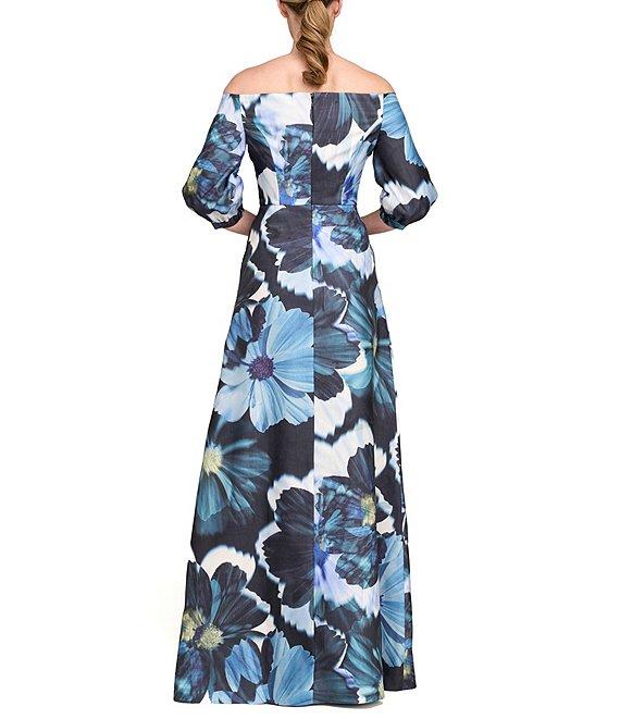 Kay Unger Alison Ots Floral Organza Mikado Off-The-Shoulder 3/4 Bishop Sleeve Pleated Column Gown Product Image
