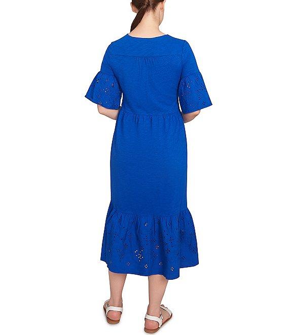 Ruby Rd. Embroidered V-Neck Elbow Sleeve Tiered Hem Midi Dress Product Image
