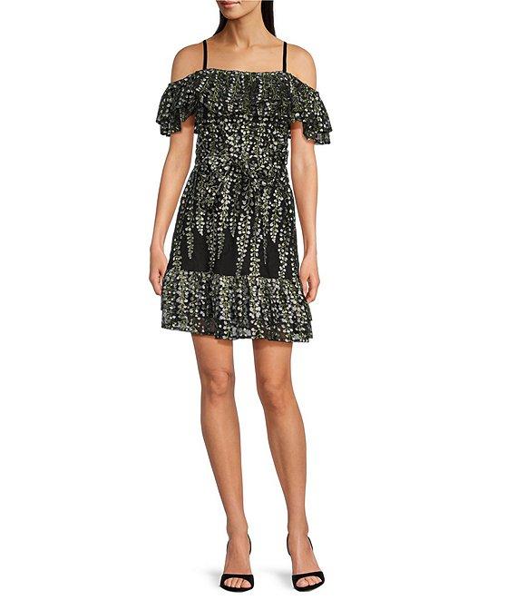 Kensie Embroidered Mesh Floral Print Off-The-Shoulder Neck Short Sleeve A-Line Mini Dress Product Image
