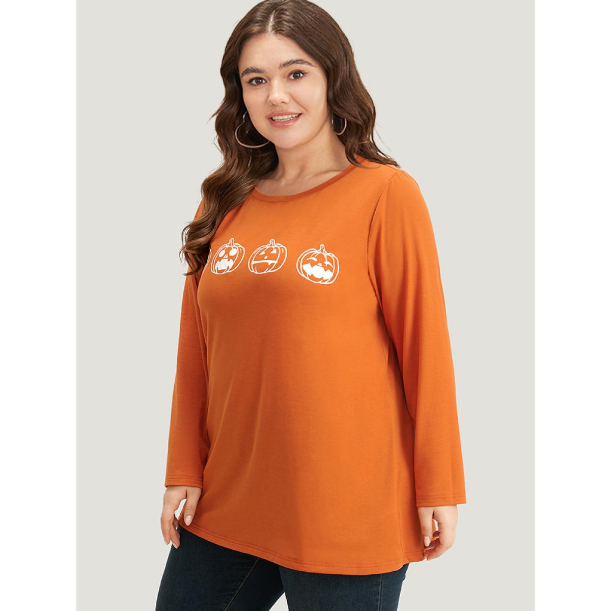 Plus Size Halloween Pumpkin Print Round Neck T-shirt Chocolate Women Casual Printed Halloween Festival-Halloween T-shirts BloomChic 22-24/3X Product Image