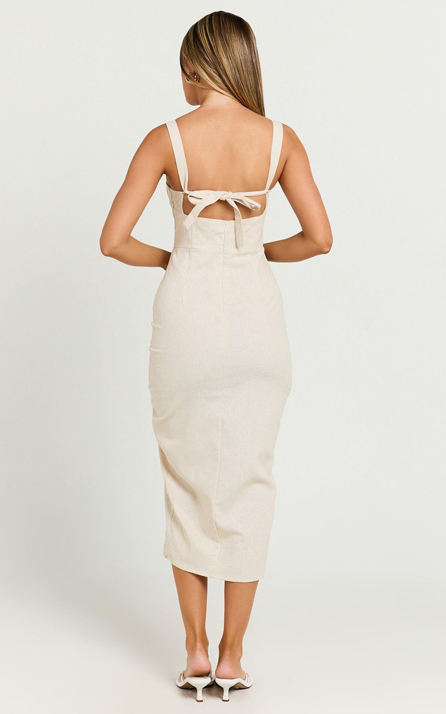 Griffin Midi Linen Blend Dress - Embroidered Tie Back Ruched Dress in Oatmeal Product Image