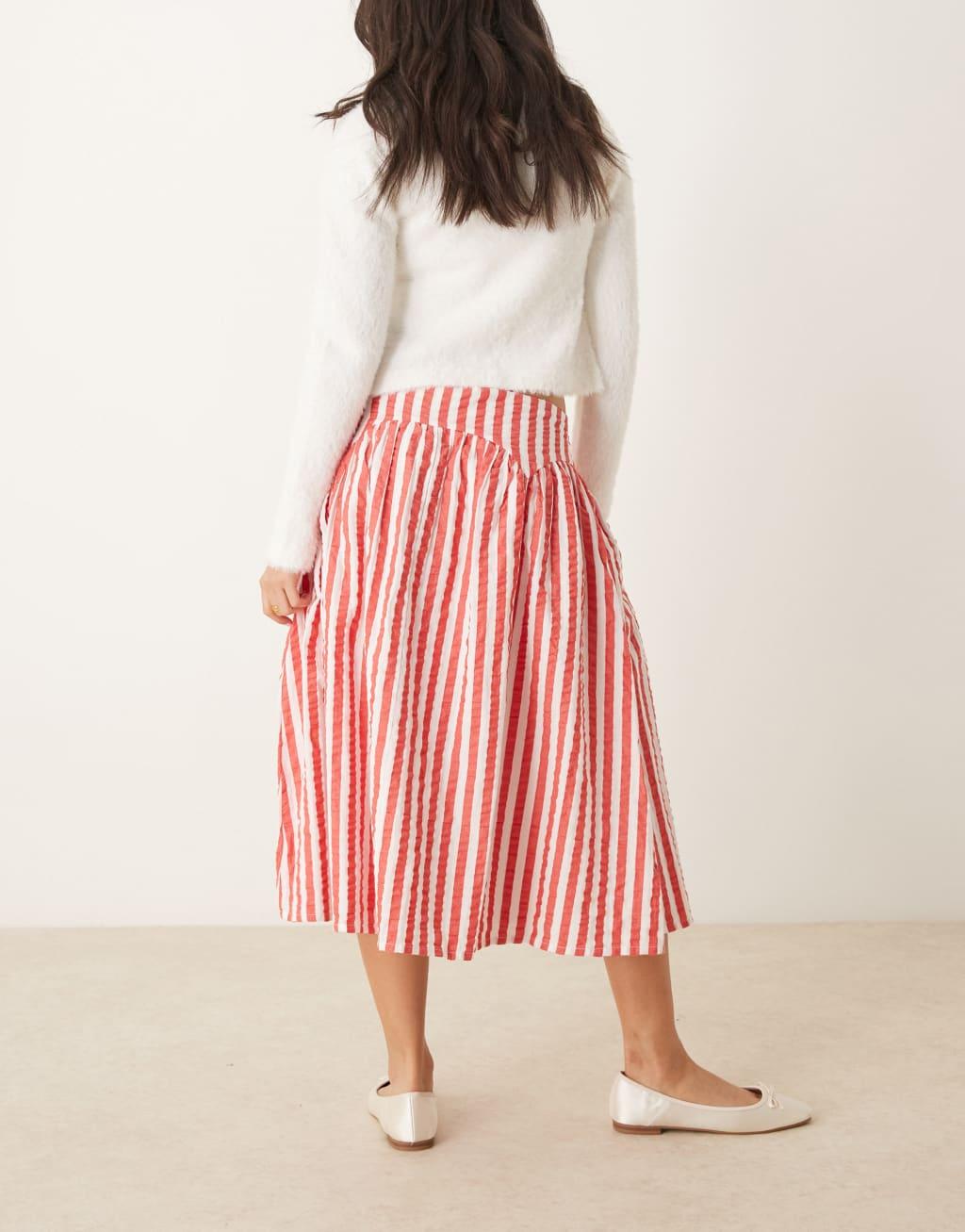 Neon Rose striped volume midi skirt in red Product Image