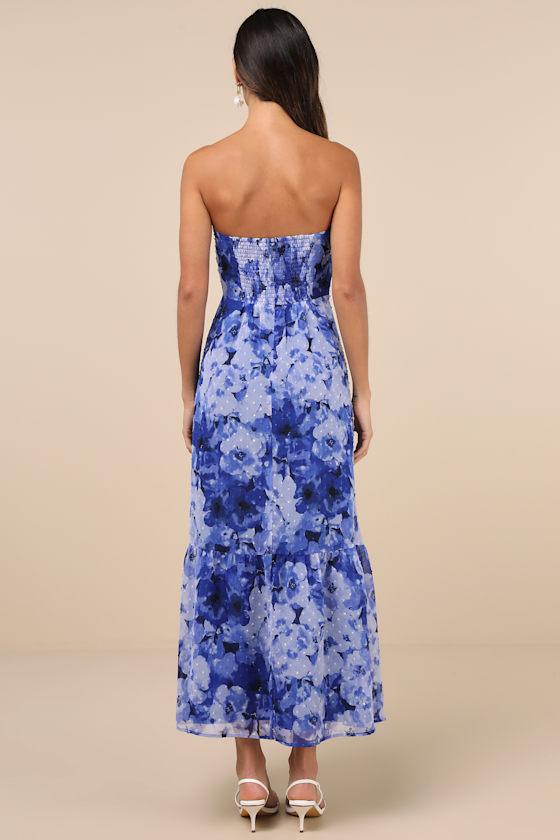 Bright Perspective Blue and Lavender Floral Strapless Midi Dress Product Image