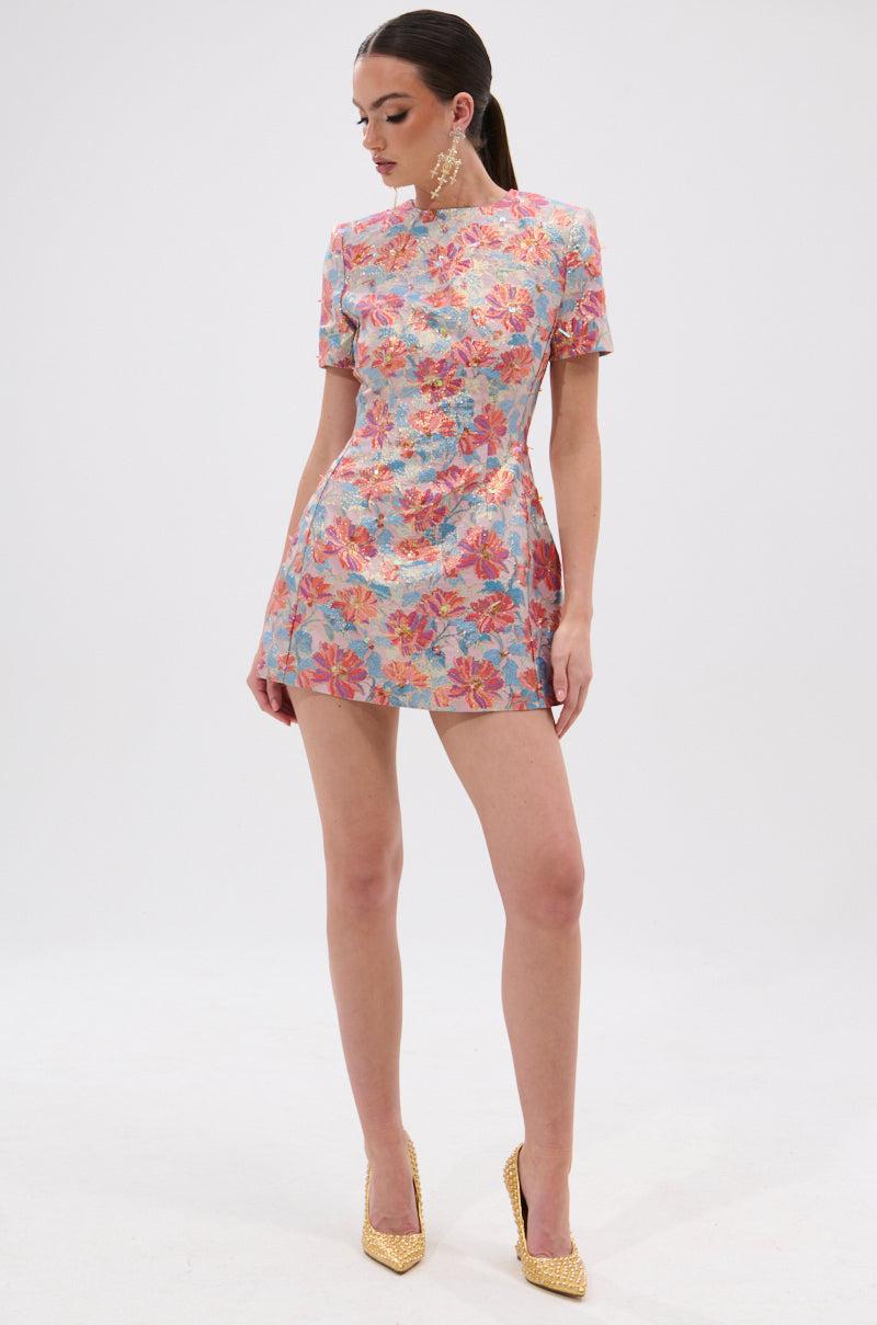 PRETTY IN PINK BROCADE BEADED MINI DRESS Product Image