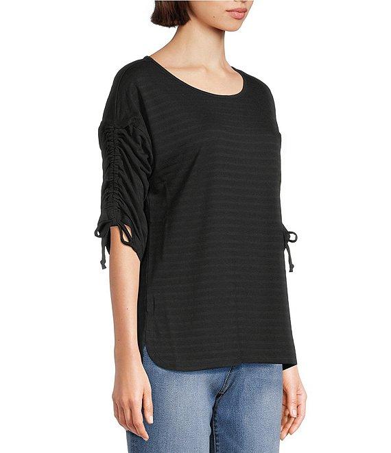 Westbound Petite Knit 3/4 Ruched Sleeve Crew Neck Top Product Image