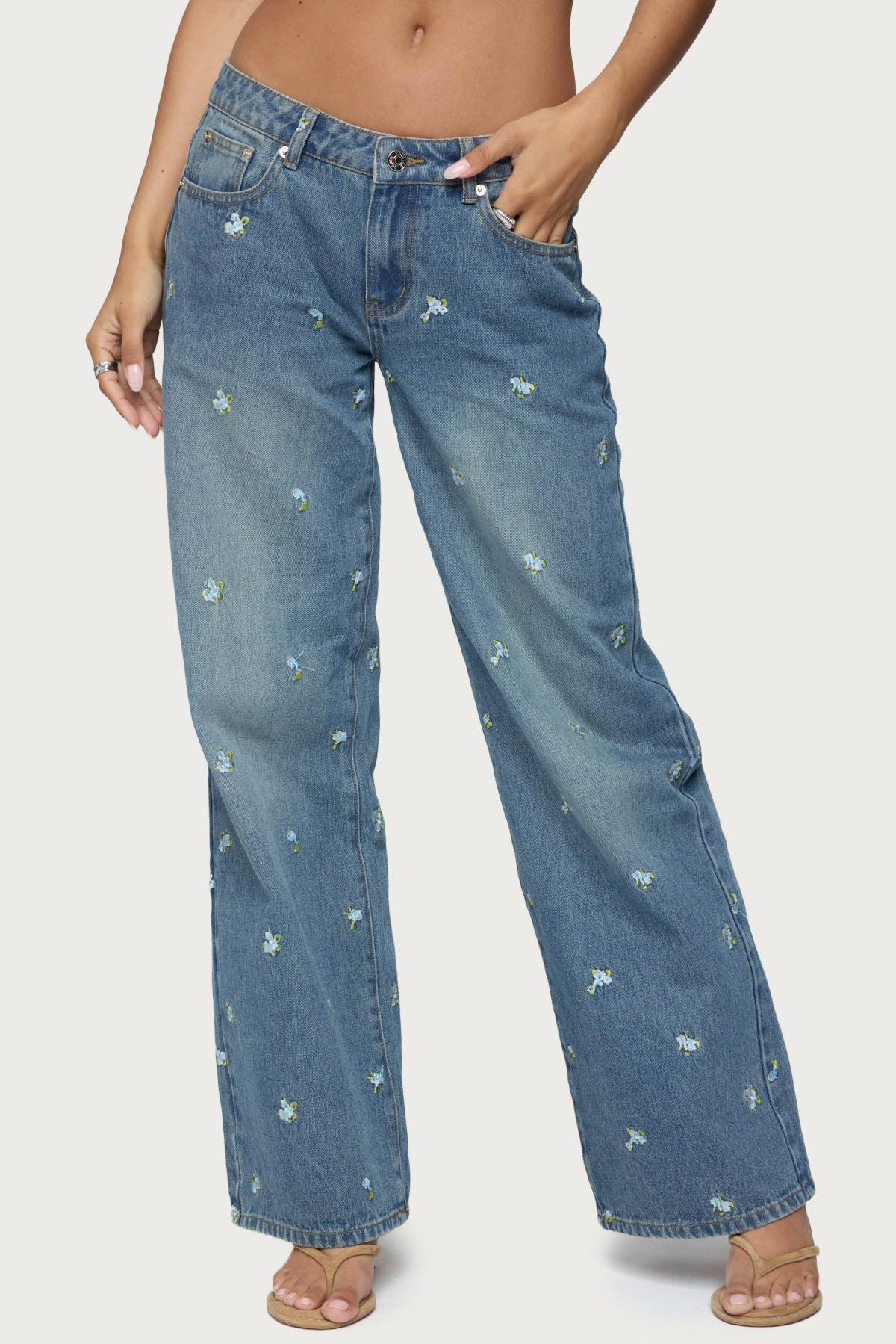 Edna Embroidered Floral Low Rise Baggy Jeans Product Image