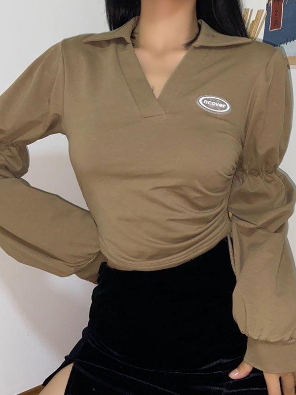 V Neck Lace Up Crop Sweatshirt Product Image