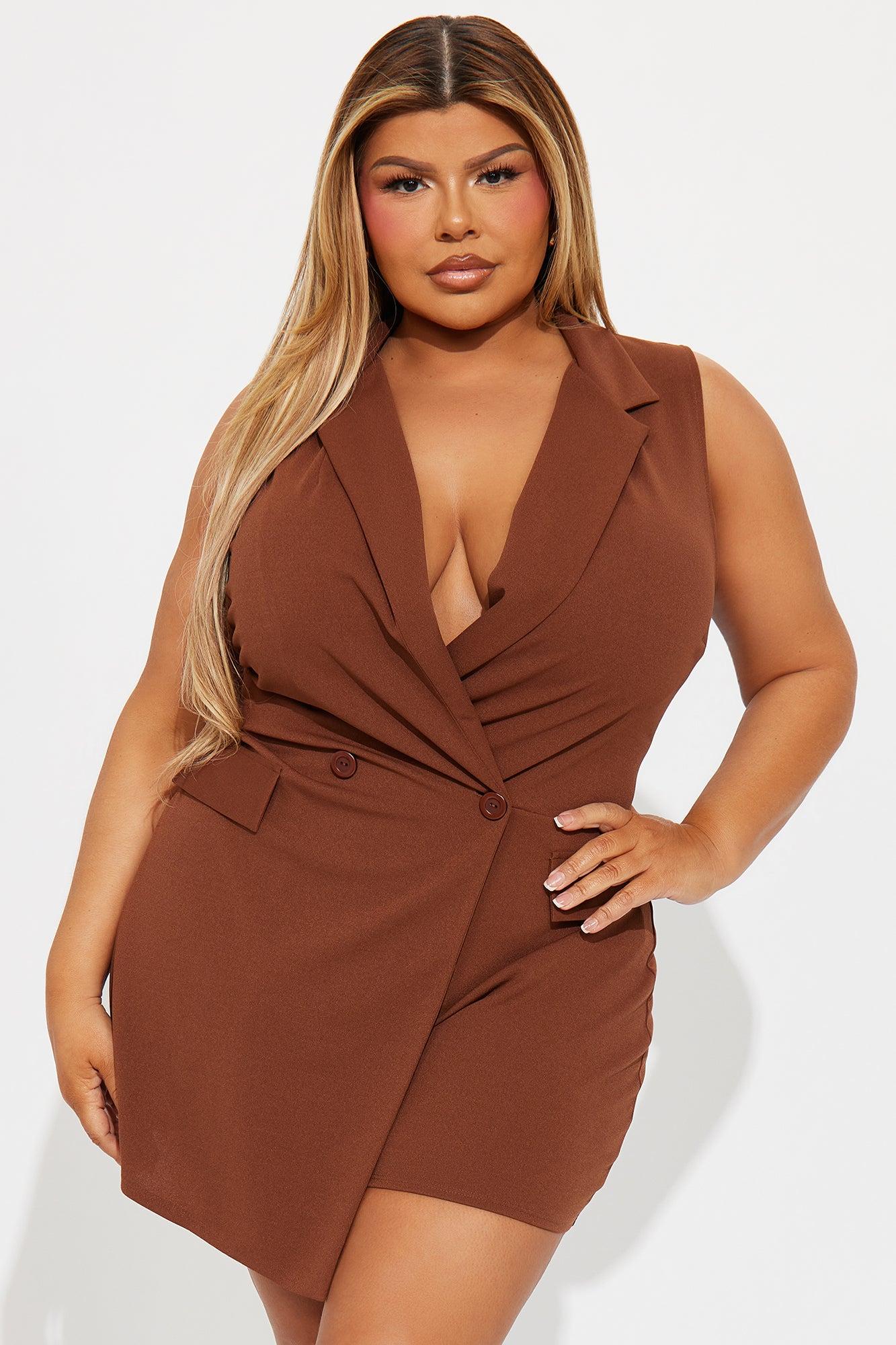 First To The Office Crepe Collar Romper - Brown Product Image