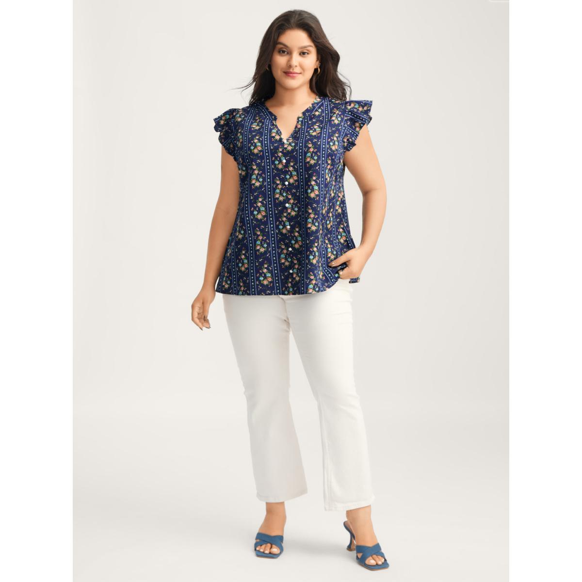 Plus Size DarkBlue Floral Stripes Flutter Sleeve Blouse Women Timeless Cap Sleeve Flat collar with V-notch Elegant Blouses BloomChic 18-20/2X Product Image