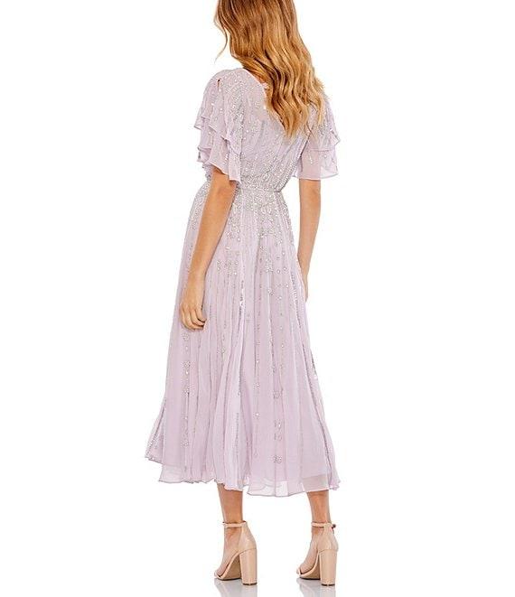 Mac Duggal Drape Neck Short Flutter Sleeves Beaded Chiffon Blouson Midi Dress Product Image