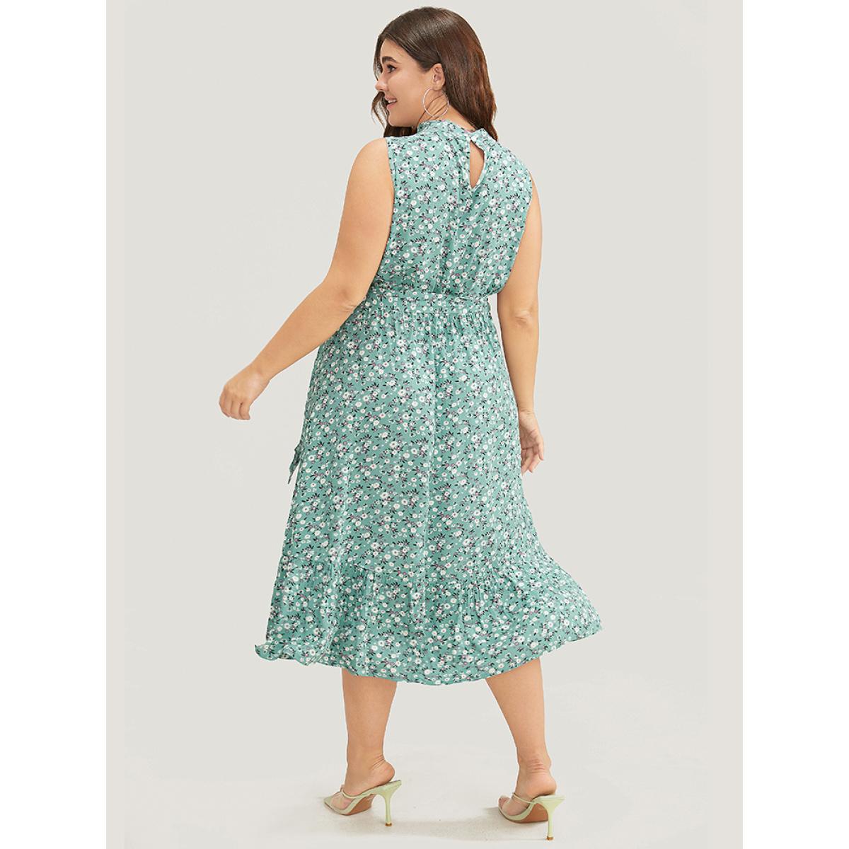 Plus Size Ditsy Floral Keyhole Pocket Belted Mock Neck Ruffles Dress Mint Women Elegant Pocket Mock Neck Sleeveless Curvy Midi Dress BloomChic 26/4X Product Image