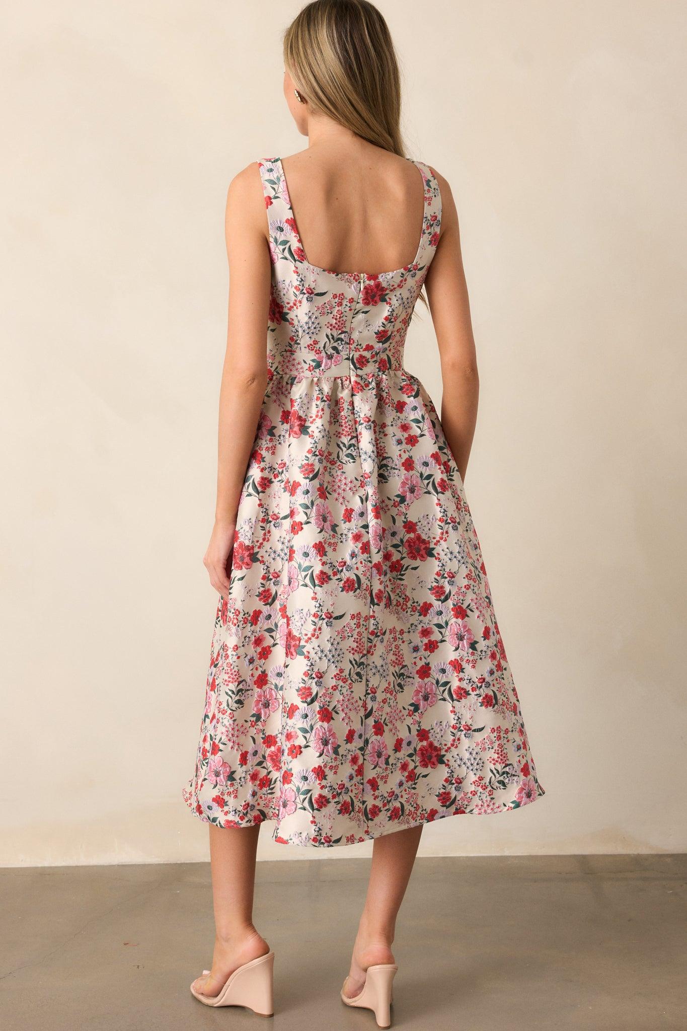 Sunlit Mornings Red Floral Jacquard Midi Dress Product Image
