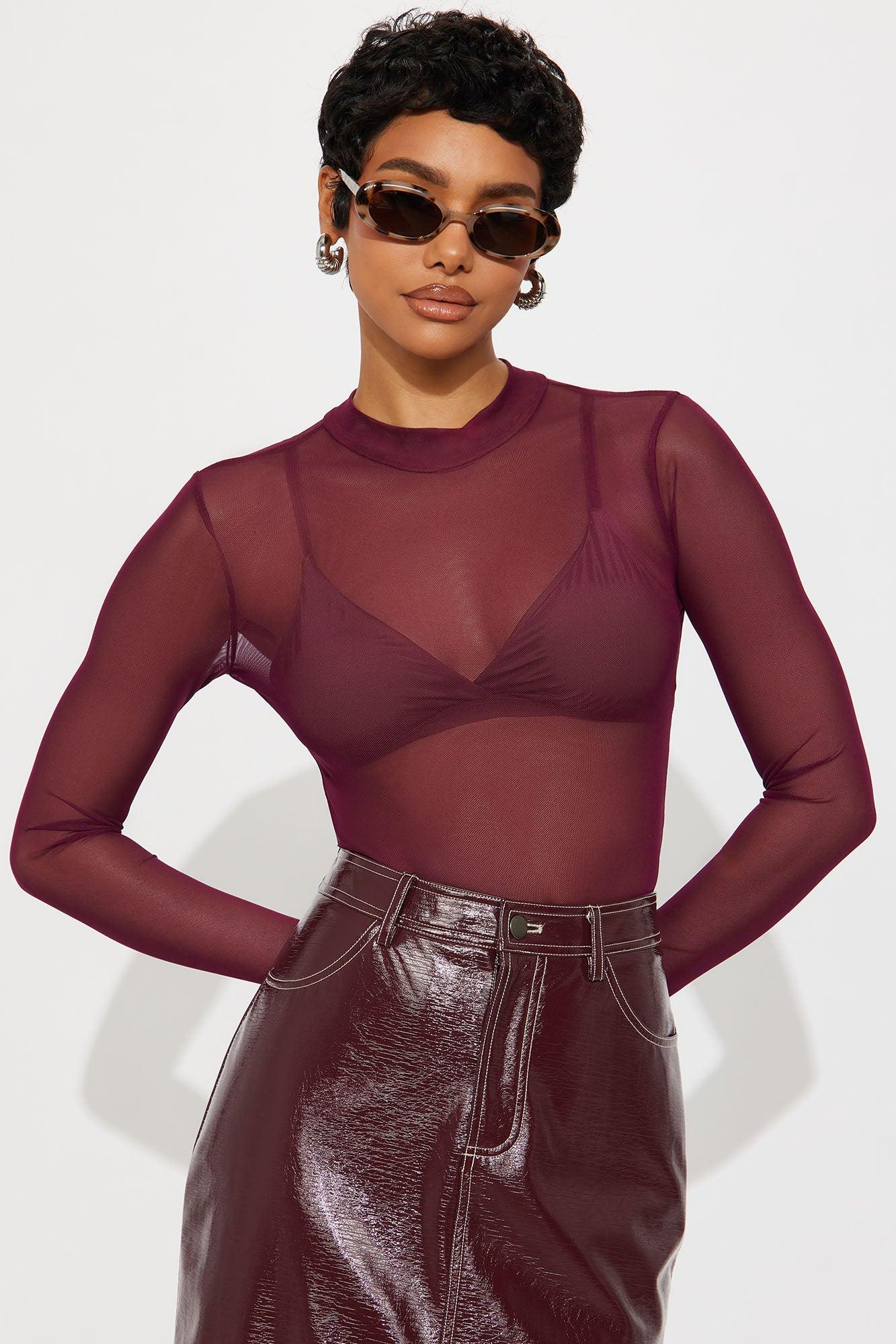 Piper Mesh Mock Neck Bodysuit - Wine Product Image