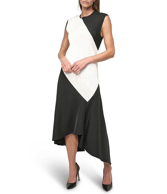 DKNY by Donna Karan Woven Colorblock Stripe Print Crew Neck Sleeveless Fit and Flare Midi Dress Product Image