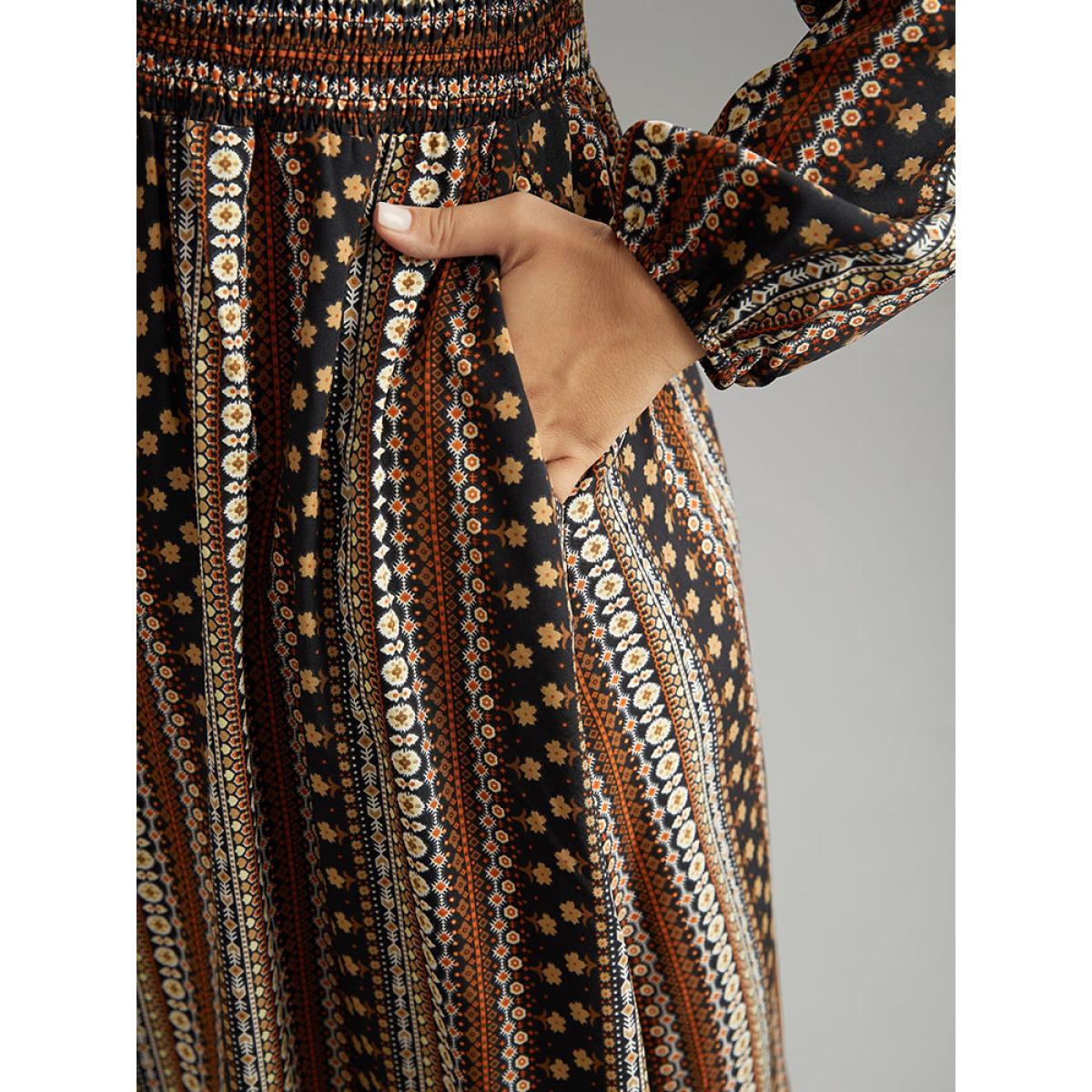 Plus Size Bandana Print Wrap Shirred Dress Multicolor Women Boho Elastic cuffs V-neck Long Sleeve Curvy Midi Dress BloomChic 30/6X Product Image