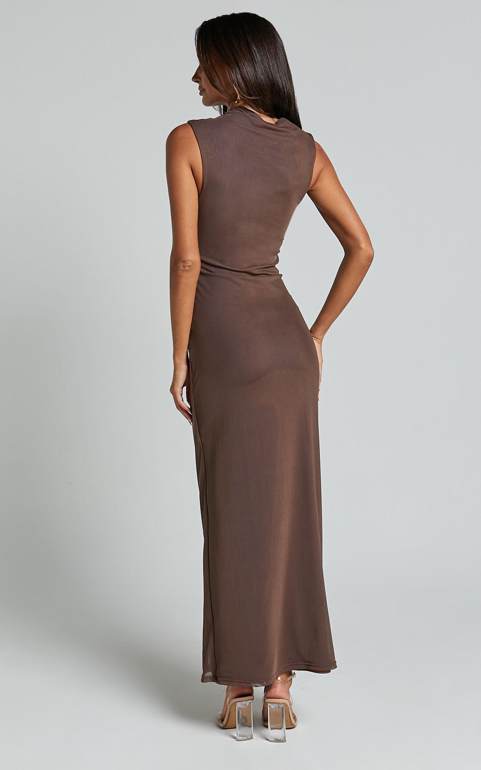 Lara Midi Dress - Asymmetrical Ruched Mesh Dress in Chocolate Product Image
