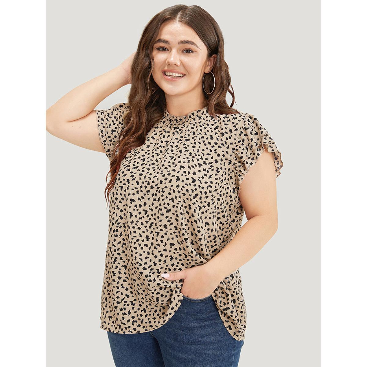 Plus Size Champagne Allover Print Mock Neck Ruffle Layered Sleeve Blouse Women Elegant Cap Sleeve Mock Neck Dailywear Blouses BloomChic 14-16/1X Product Image