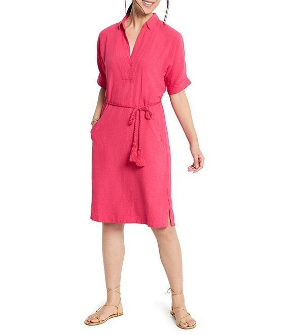 NIC + ZOE Devon Rumba Linen Blend Point Collar Short Sleeve Tie Waist Shirt Dress Product Image