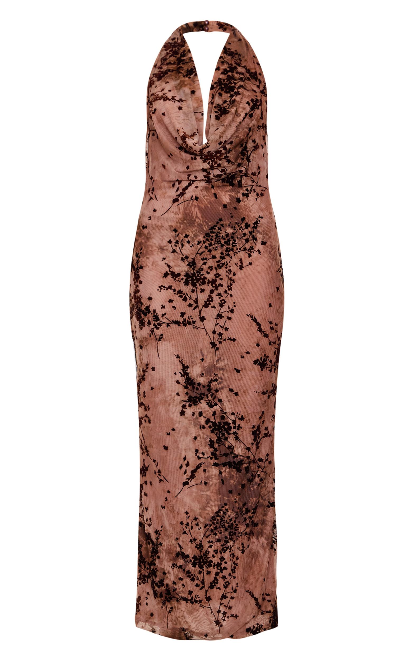 Brown Devore Cowl Neck Maxi Dress Product Image