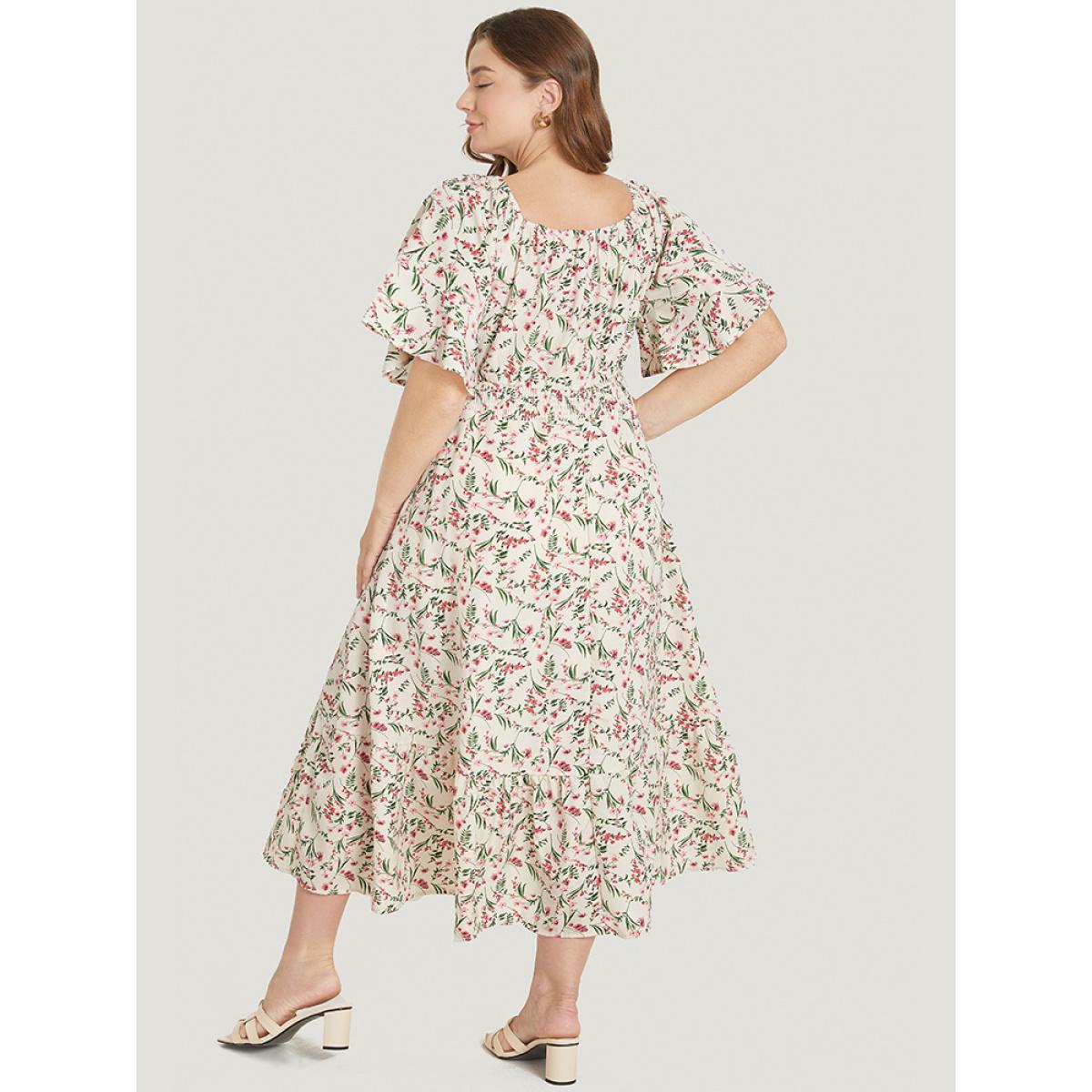 Plus Size Ditsy Floral Pocket Square Neck Shirred Ruffles Dress White Women Elegant Non Square Neck Short sleeve Curvy Midi Dress BloomChic 18-20/2X Product Image