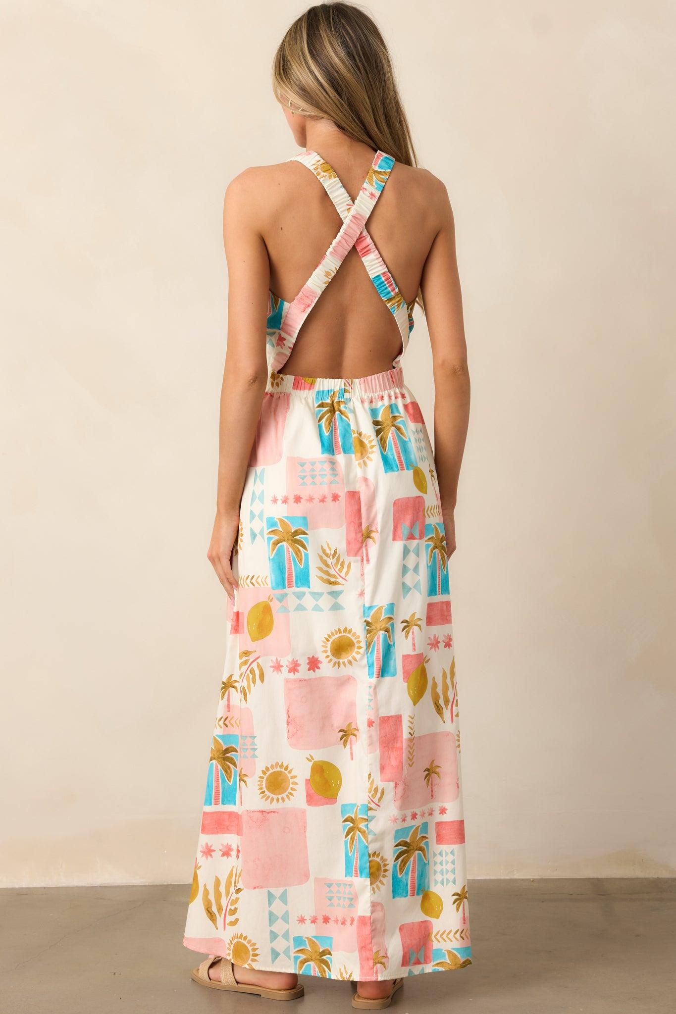 Vibrant Tides Pink Multi Tropical Print Maxi Dress Product Image