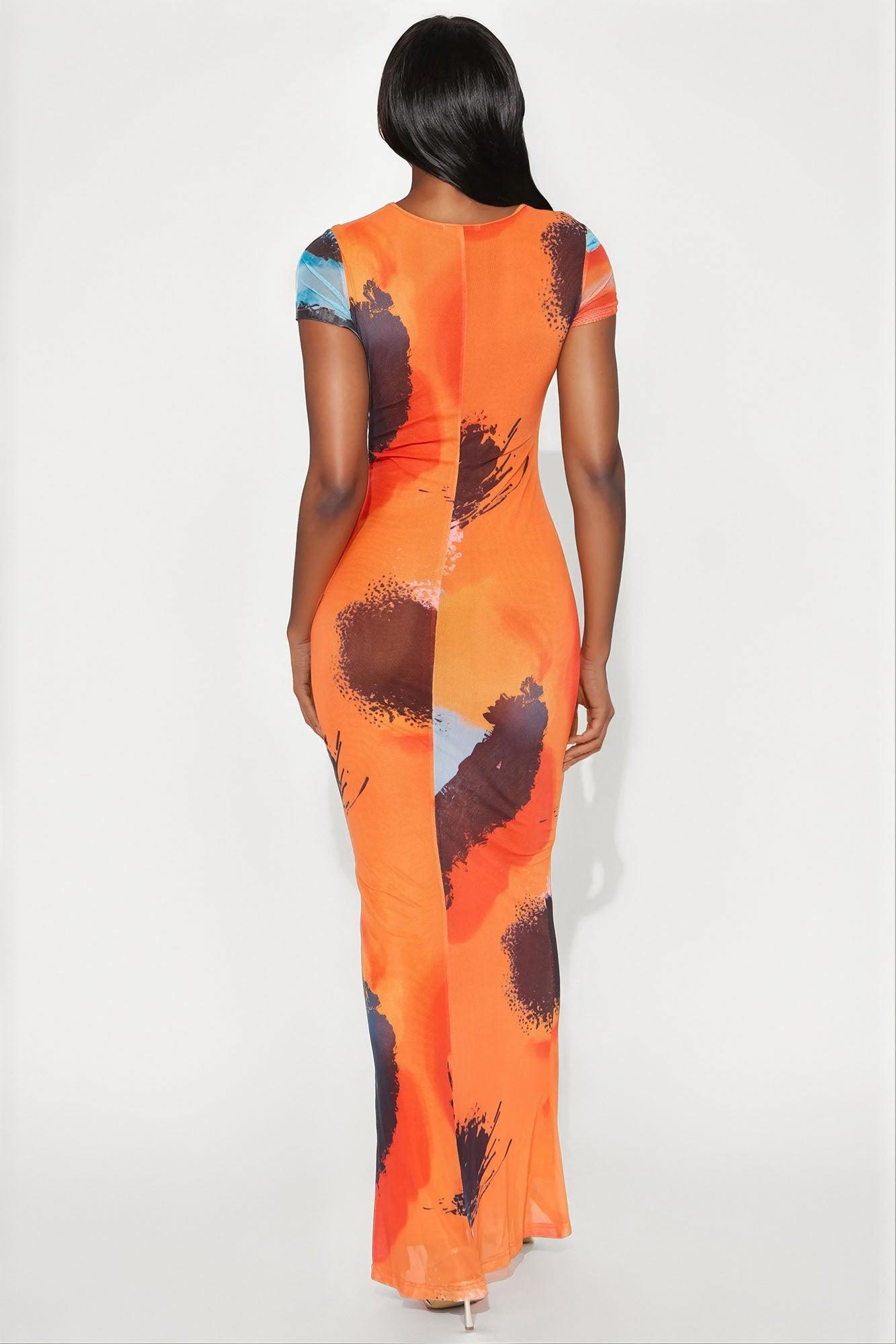 Leila Abstract Mesh Maxi Dress - Orange/combo Female Product Image