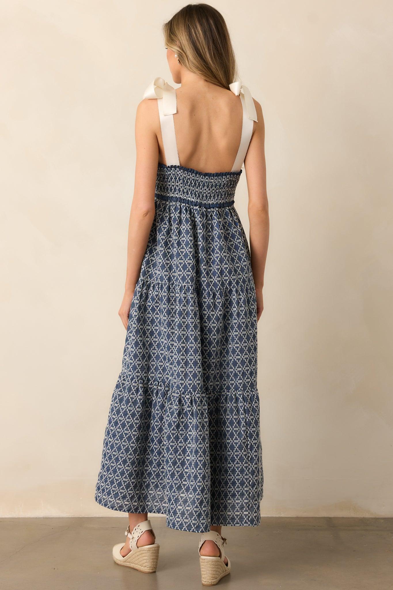 The Felicity Dark Wash Chambray Cotton Embroidered Maxi Dress Product Image