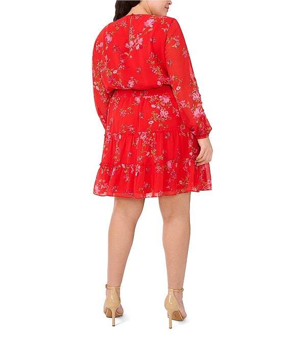 CeCe Plus Size Gauze Chiffon Floral Print Crew Neck Long Sleeve Smocked Tiered A-Line Dress Product Image