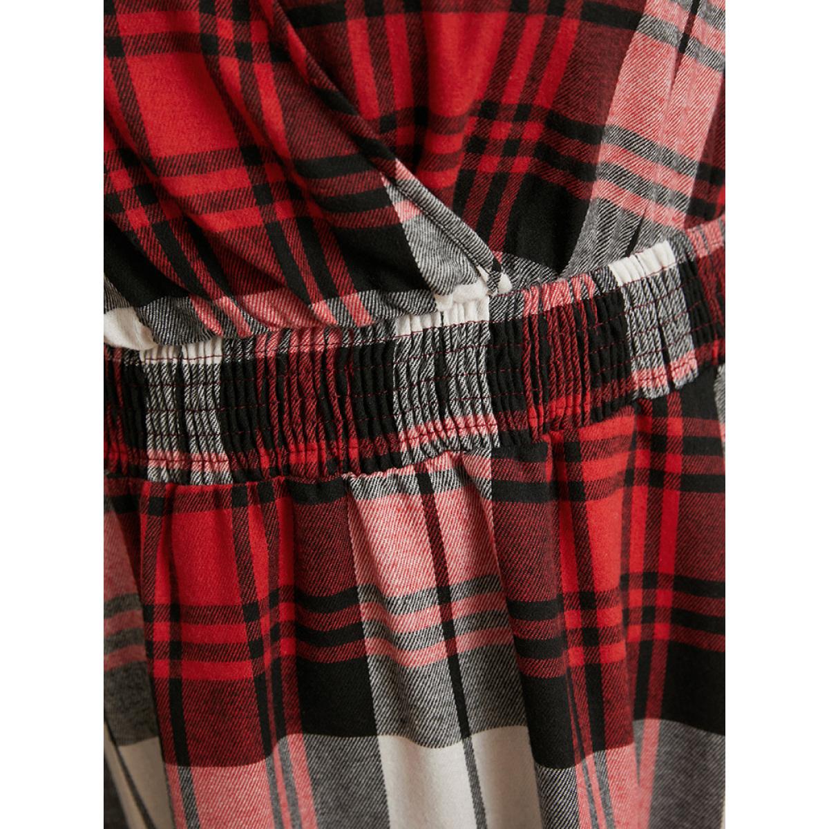 Plus Size Plaid Shirred Pocket Lantern Sleeve Wrap Midi Dress Without Belt Scarlet Women Elegant Wrap Overlap Collar Long Sleeve Curvy Midi Dress BloomChic 26/4X Product Image