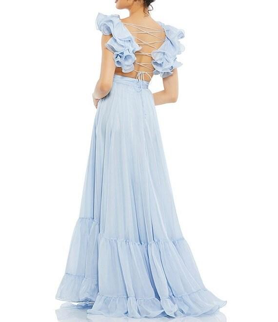 Ieena Mac Duggal Chiffon V-Neck Sleeveless Cut-Out Strappy Back Detail Tiered Ruffle Hem Gown Product Image