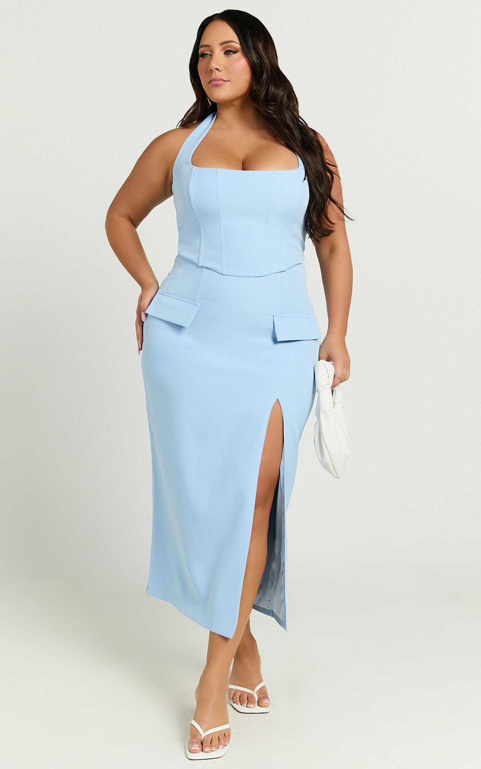Davie Midi Skirt - High Waist Split Front Skirt in Ice Blue Product Image