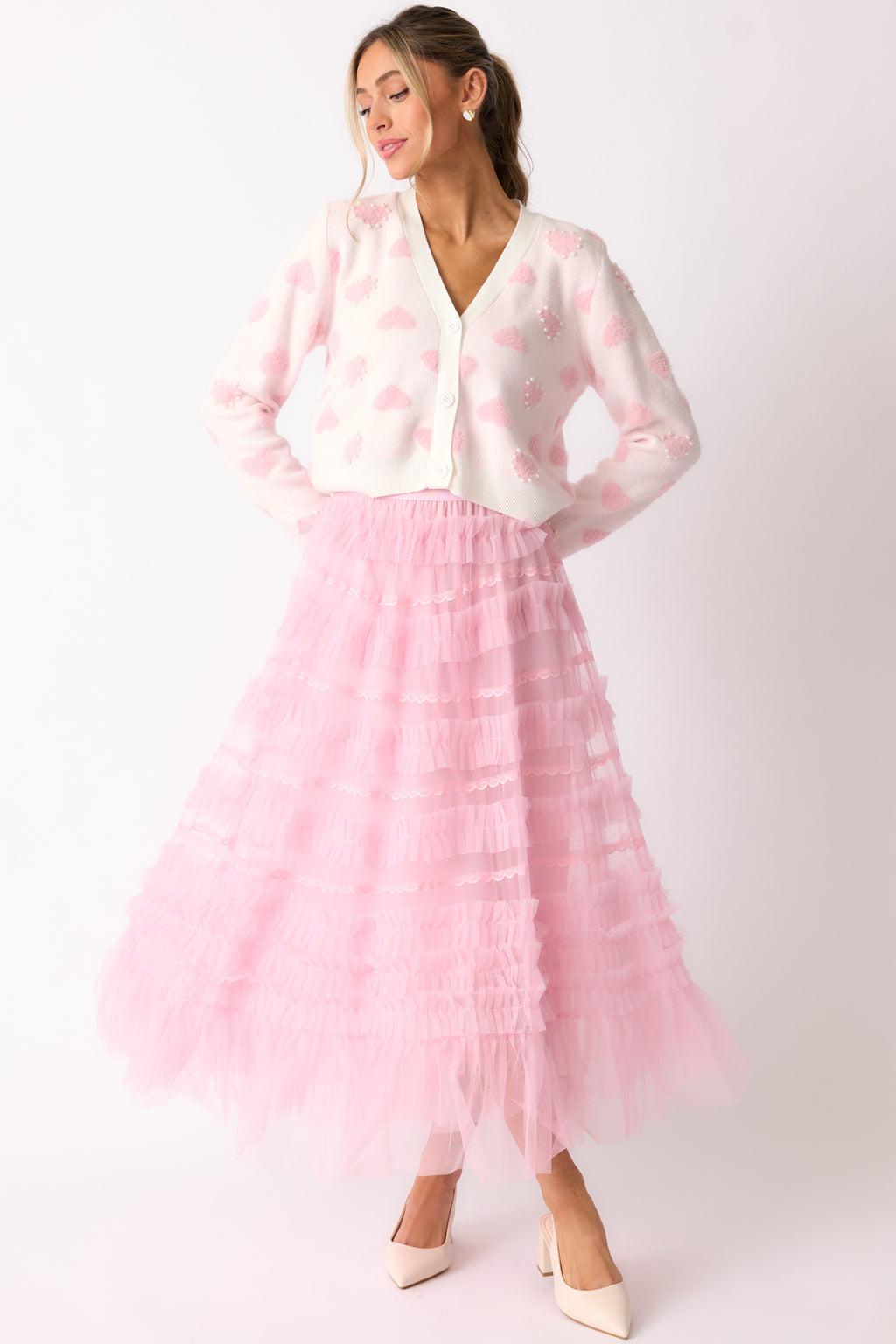 Walk In The Garden Light Pink Ruffle Tulle Midi Skirt Product Image