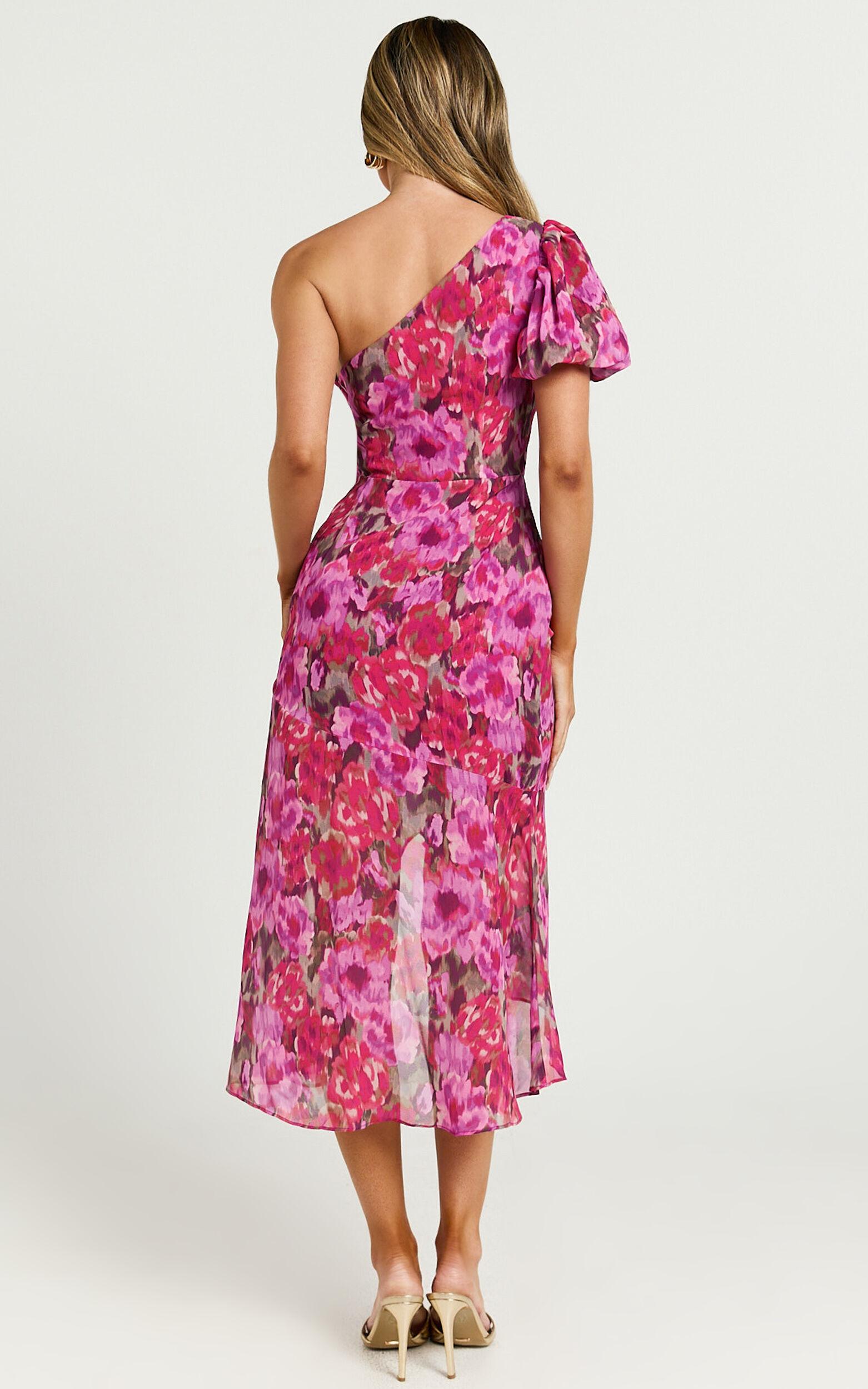 Clabelle Midi Dress - One Shoulder Ruffle Tulip Hem Dress in Violette Blur Floral Product Image
