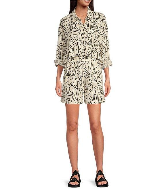 Every Linen Doodle Print Linen Blend V-Neck Long Sleeve Button Front Coordinaitng Blouse Product Image