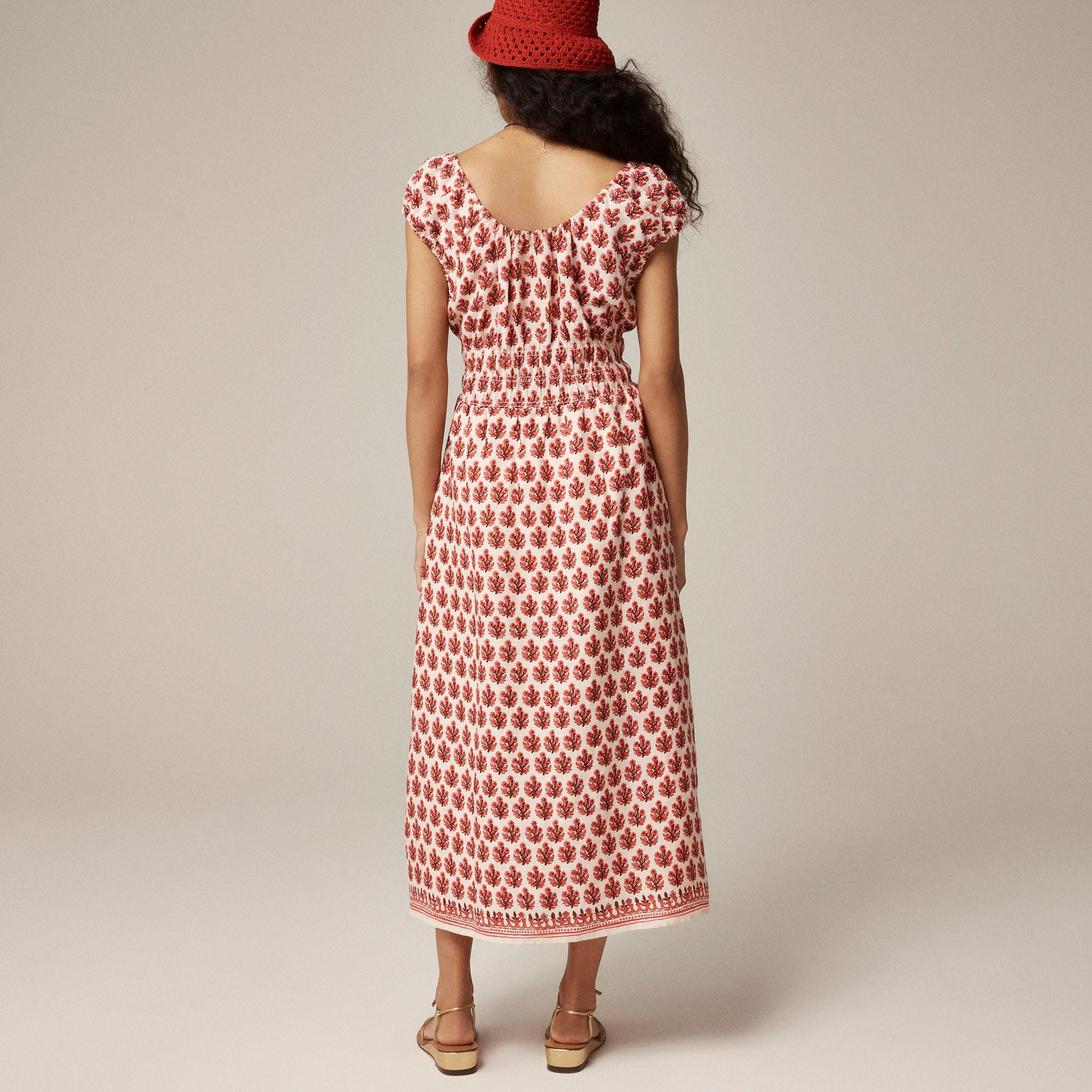 Cap-sleeve midi dress in block print linen Product Image