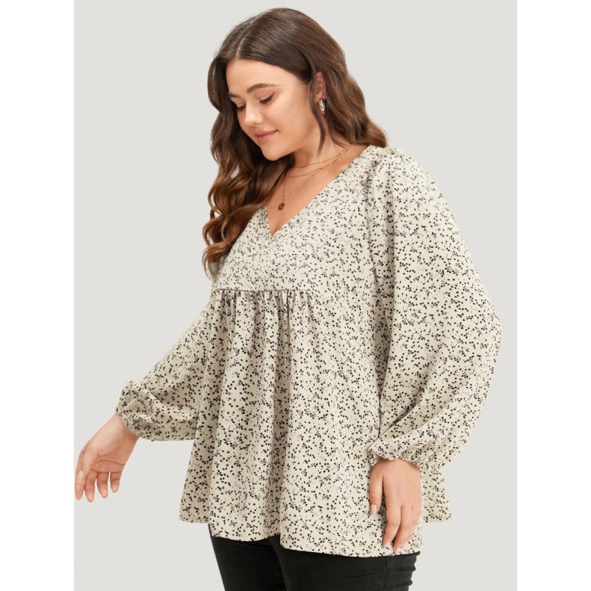 Plus Size White Ditsy Floral Shirred V Neck Frill Trim Blouse Women Elegant Long Sleeve V-neck Dailywear Blouses BloomChic 28/5X Product Image