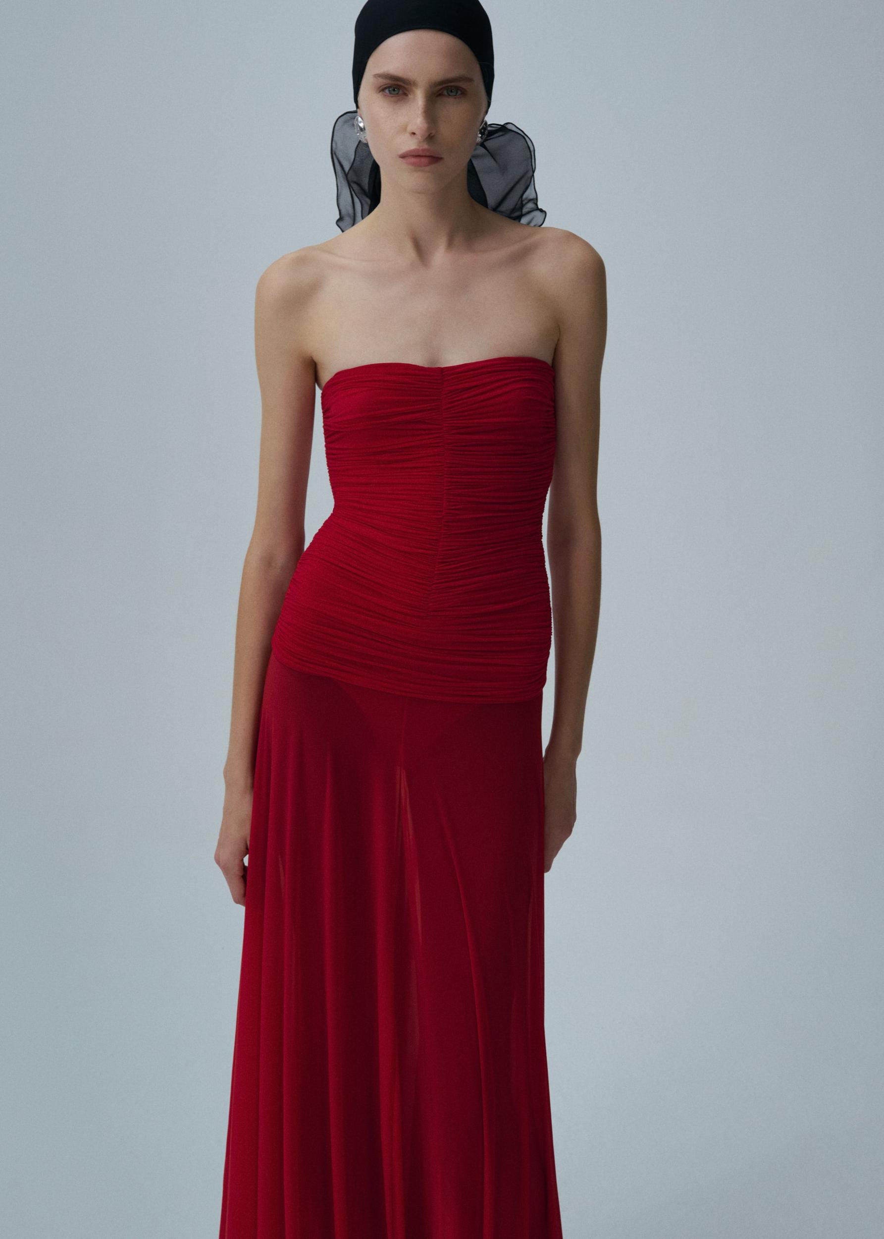 Strapless cupro midi dress in red Product Image