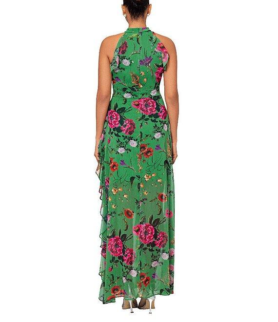 Betsy & Adam Halter Neck Ruffle Front Floral Print Maxi Dress Product Image