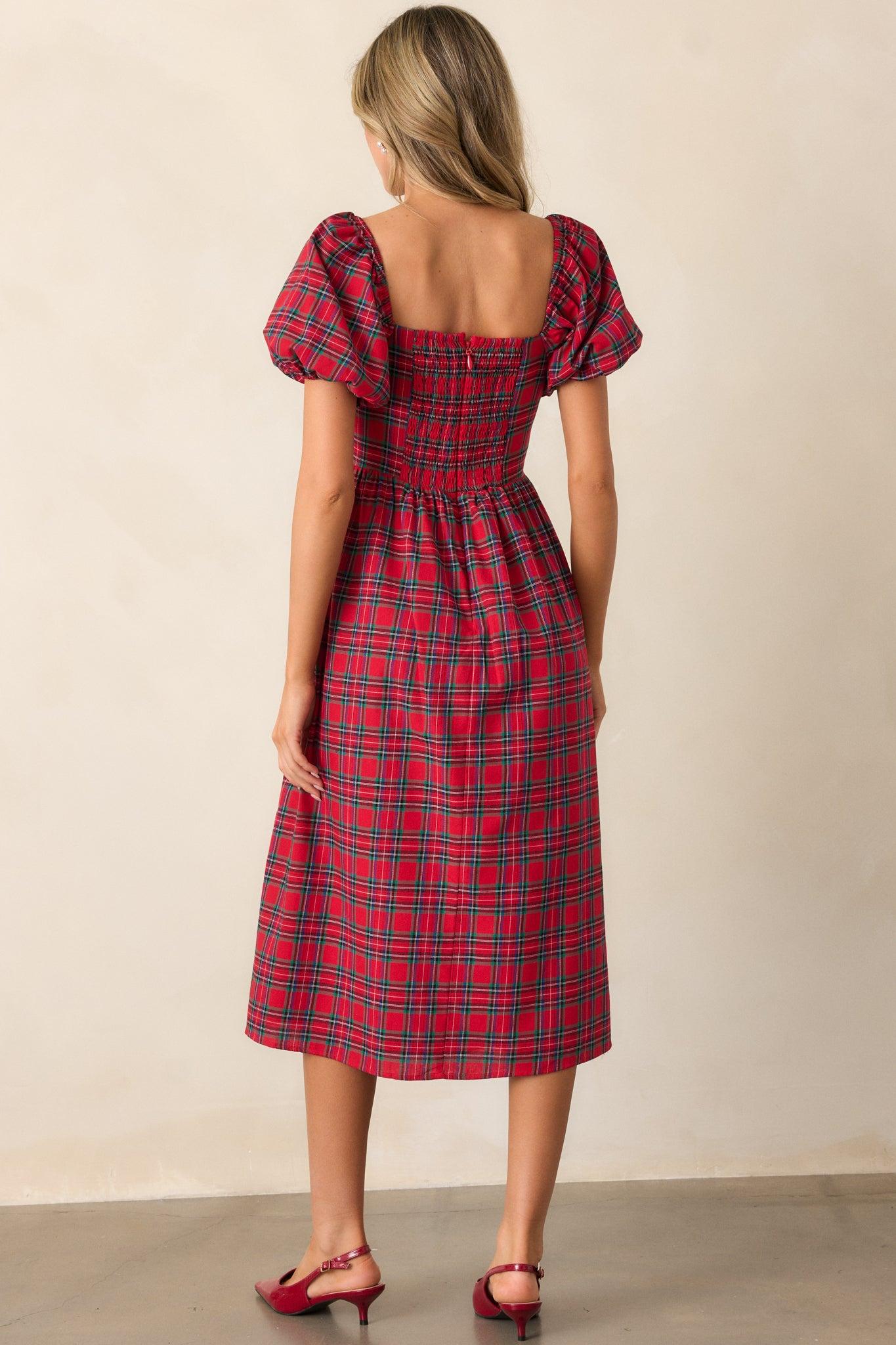 Always You Cotton Red Plaid Puff Sleeve Midi Dress Product Image