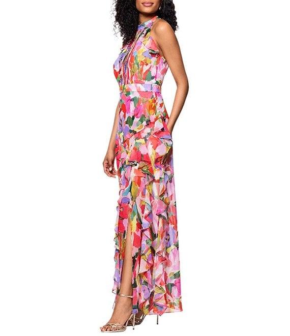 Betsy & Adam Chiffon Floral Print Halter Neck Sleeveless Pleated Ruffle A-Line Gown Product Image