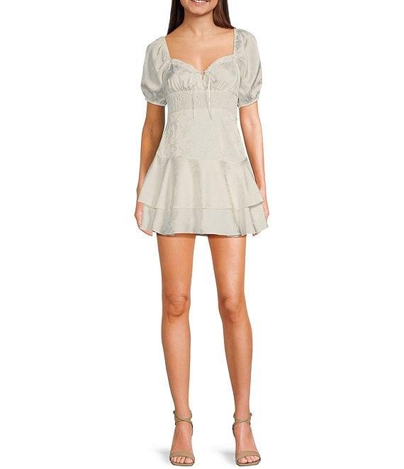 B. Darlin Bow Print Short Puff Sleeve Tiered Skirt Dress Product Image