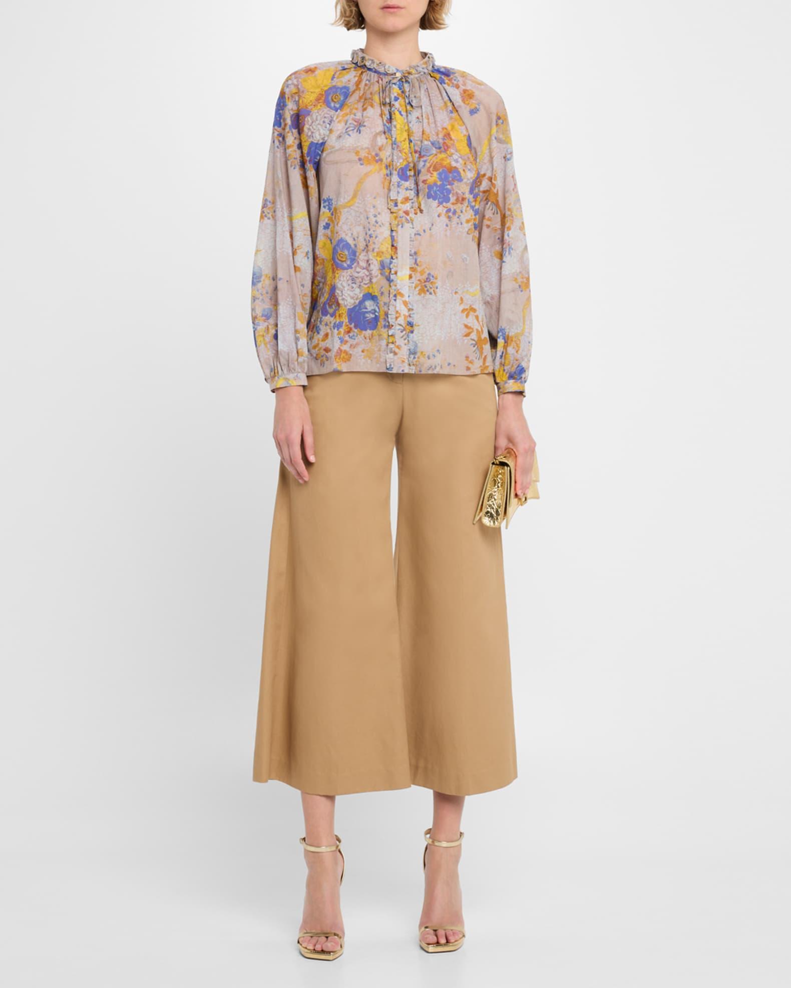 Janice Ruffled Tie-Neck Floral Cotton Blouse Product Image