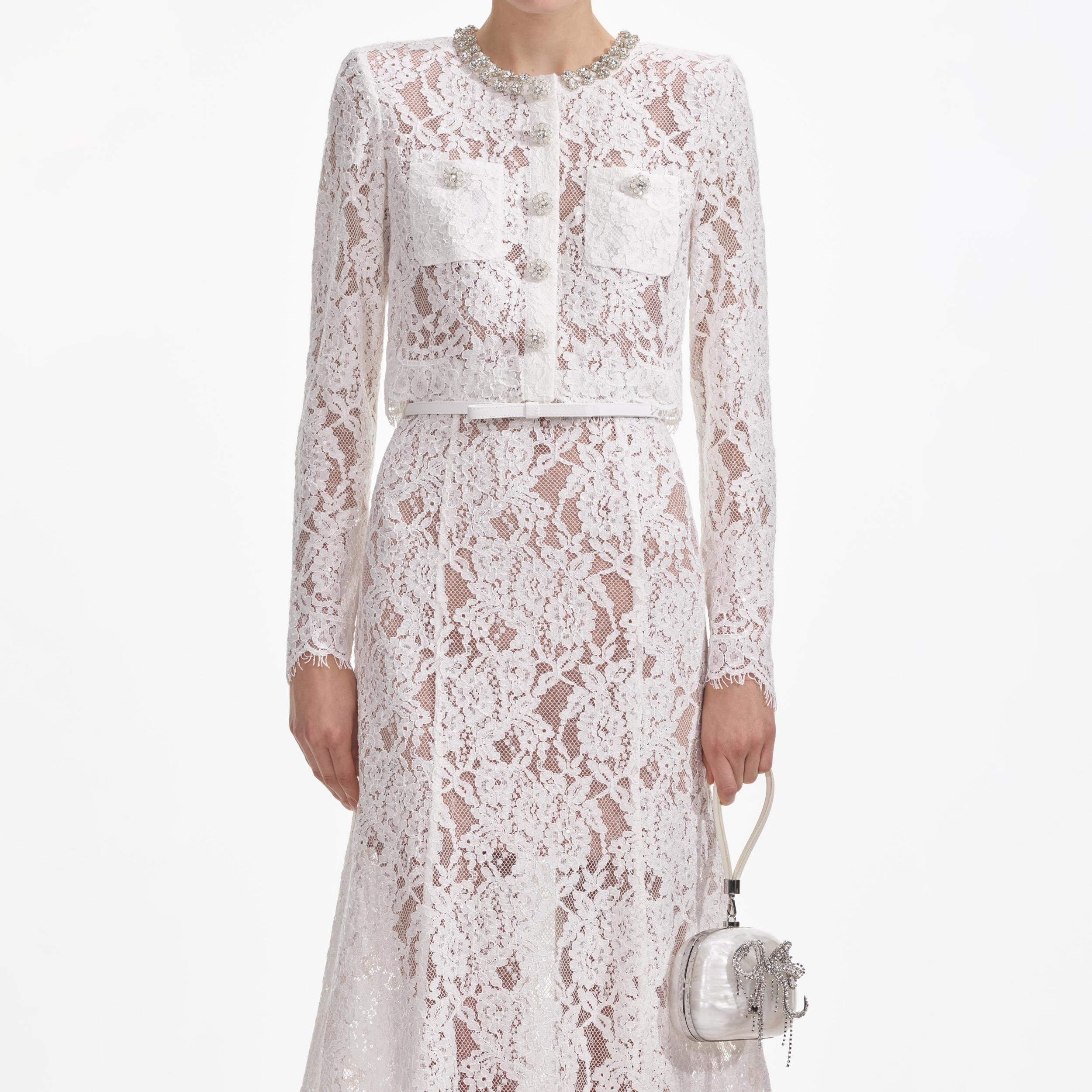 White Lace Embellished Midi Dress Product Image