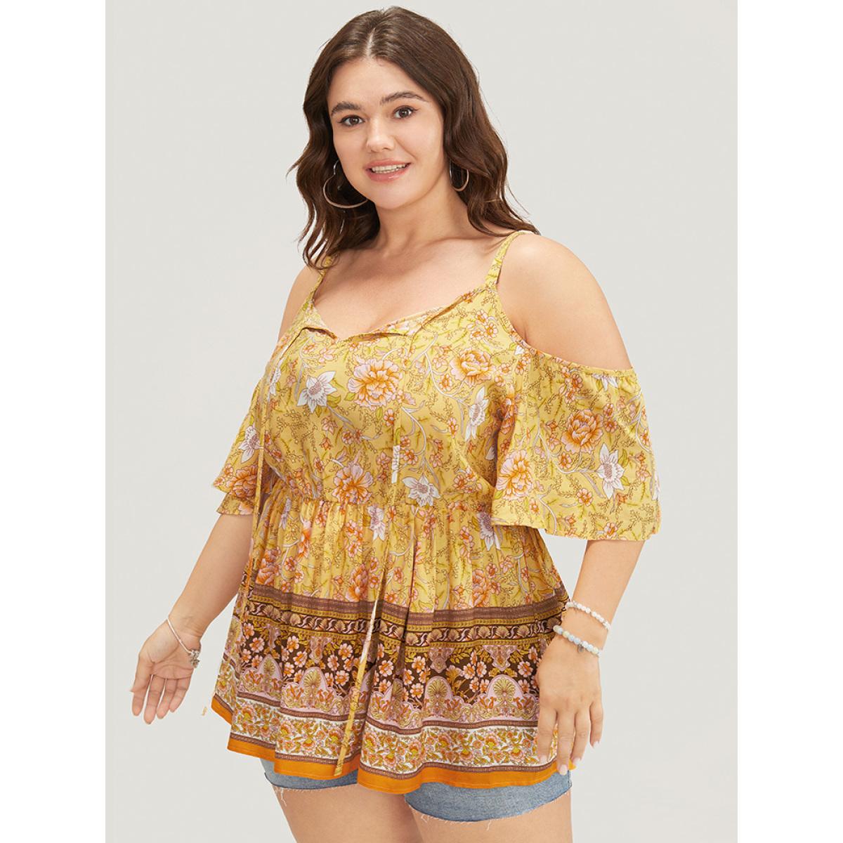 Plus Size Yellow Floral Print Tie Neck Keyhole Ruffles Cold Shoulder Blouse Women Elegant Short sleeve Cold Shoulder Dailywear Blouses BloomChic 14-16/1X Product Image
