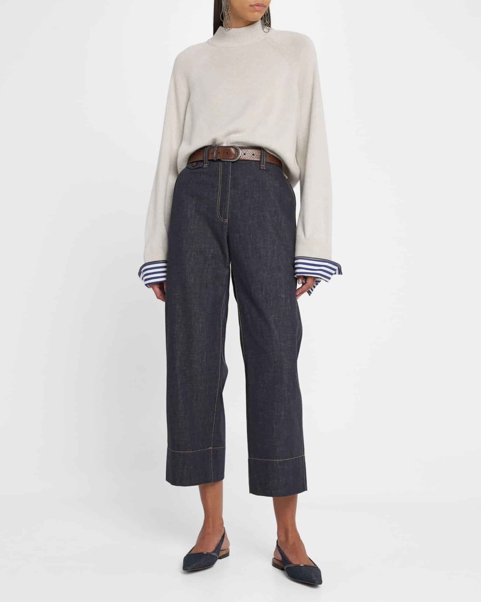 Mock-Neck Striped-Cuff Cashmere Knit Sweater Product Image