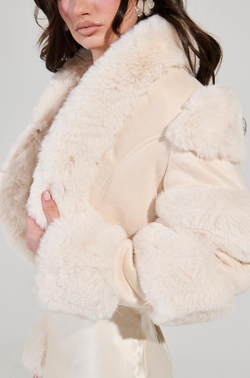 LOVERBOY FAUX FUR MOTO IN IVORY SUEDE Product Image