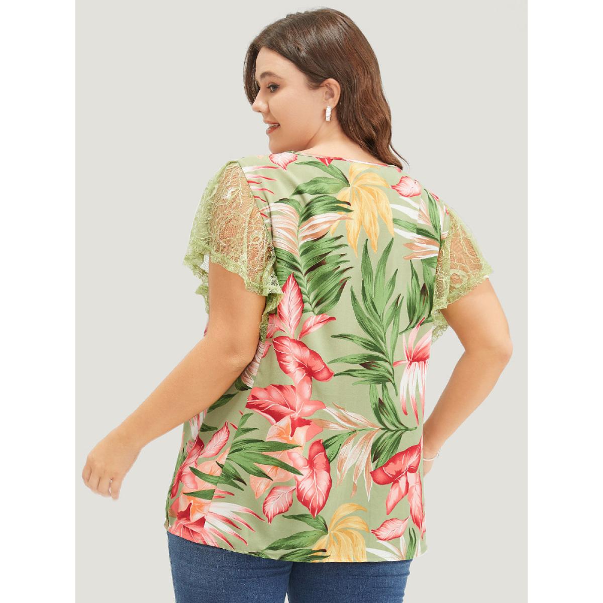 Plus Size Emerald Plant Print Mesh Ruffle Sleeve Blouse Women Elegant Short sleeve Round Neck Dailywear Blouses BloomChic 12/L Product Image